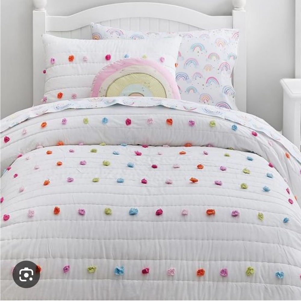 Pottery Barn Kids Bright Pom Pom bedding set quilt full comforter rainbow